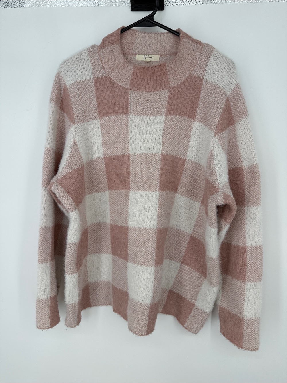 Peyton Primrose Cozy Pink and Cream Checkered Pullover Sweater 1X